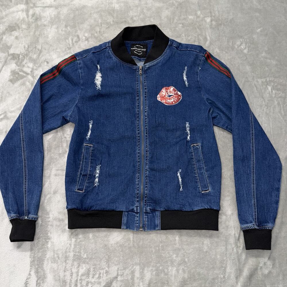 American Bazi Sequin Red Lips Distressed Denim Bomber Jacket Women’s Size M